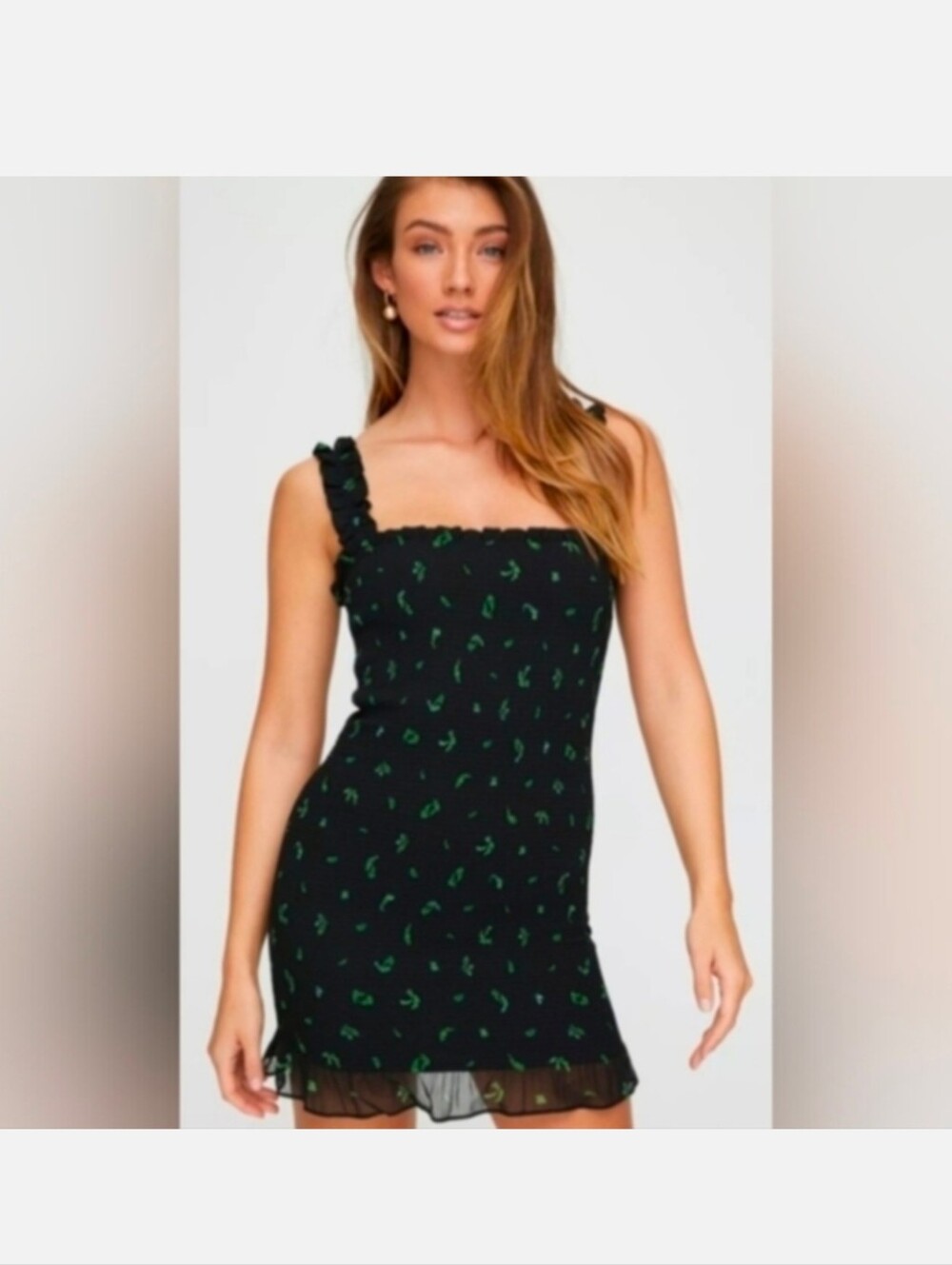 Black & Green Floral Square-Neck Mini Dress